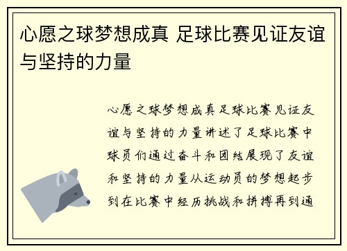 心愿之球梦想成真 足球比赛见证友谊与坚持的力量