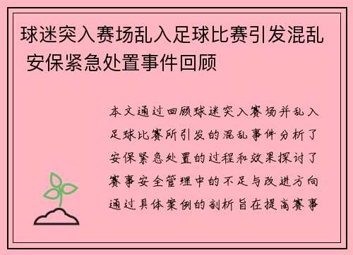 球迷突入赛场乱入足球比赛引发混乱 安保紧急处置事件回顾